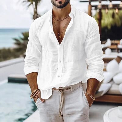 Cotton Linen Shirt for Men Summer Beach Style Solid Color Si
