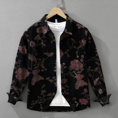 2025 Autumn New Casual Floral Print Shirt for Men Cotton Loo