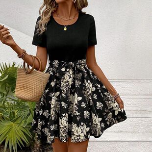 Dress Round Skirt New Sleeve Women Short Summer Neck