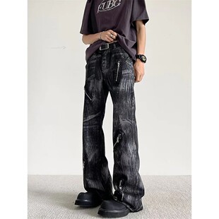 Fit Men Zipper Design Jeans Dye Slimming Black Loose Tie