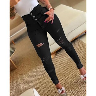 Denim Pencil Fit Jeans Slim Distressed Washing Women Pants