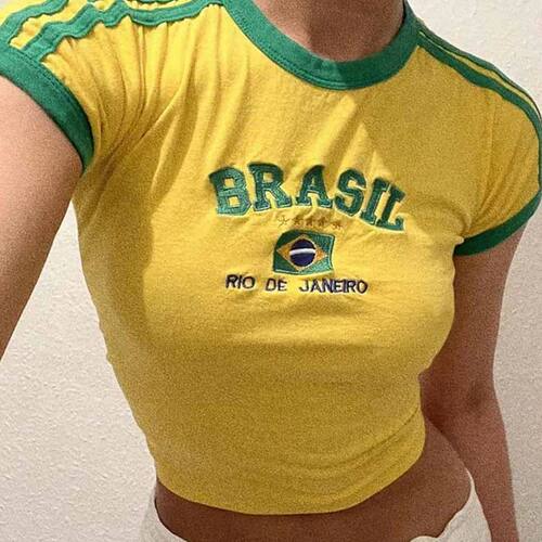 Womens Aesthetic BRASIL Letter Print T-Shirt and Shorts Suit