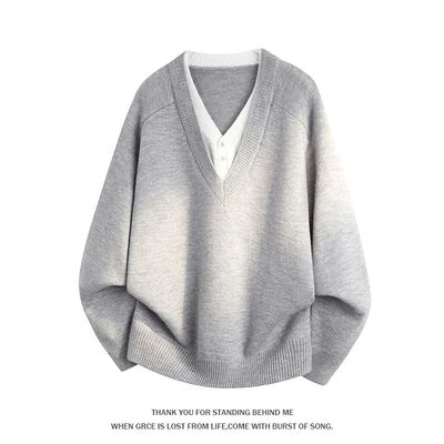 2026 Autumn Winter Men Fake Two Piece V Neck Knit Sweater Fa