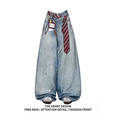 ZHIZOU Women Blue Y2k Baggy Jeans Harajuku VintageBent Knife