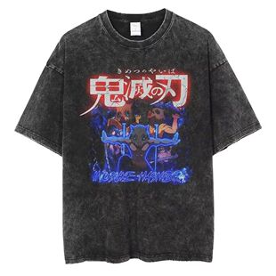 Anime Short Y2k Black Tsh Neck Japanese Round Washed Sleeved