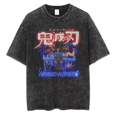 Washed Black Japanese Anime Short Sleeved Round Neck Y2k Tsh