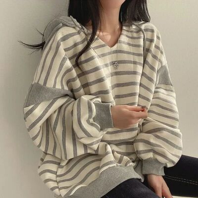 Autumn Winter Korean Striped Hoodie Women's Casual Thin Flee