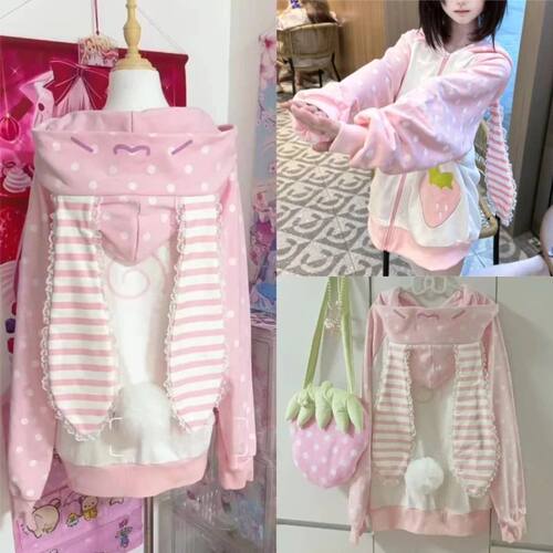 Y2K Kawaii Women Zip Up Hoodie Cute Ear Hooded Jacket Lace T