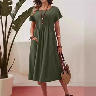 Short Solid Neck Sleeve Summer Dress Midi Elegant Women
