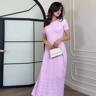 Pearl Embellished Hollow French Short Dress out Slee Knitted