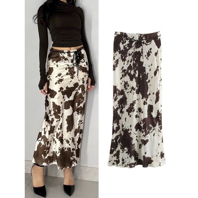 Animal Print Satin Skirt Women Fashion Ruffles Midi Skirts W