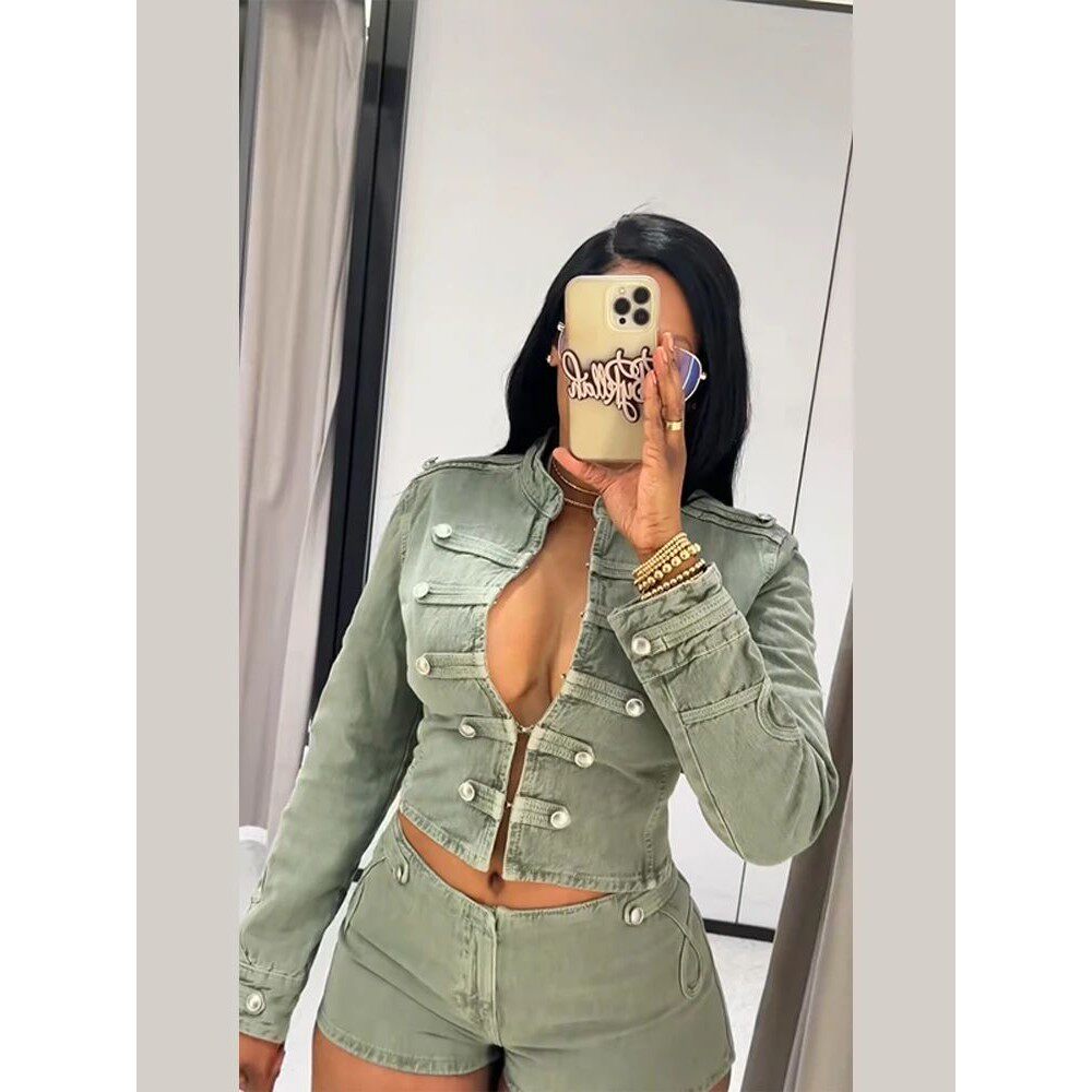 Fashion Stand Collar Cropped Denim Jacket Women Hip Package