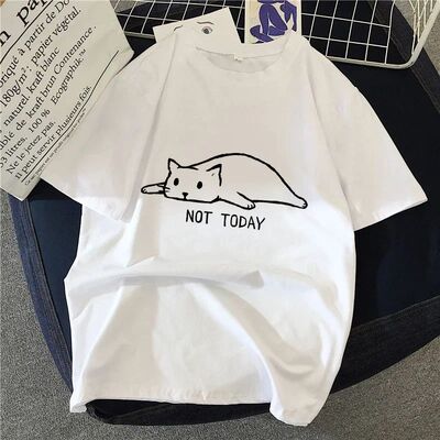 90s Graphic Rock Top Tees Female Simple Brush Drawing Cat T