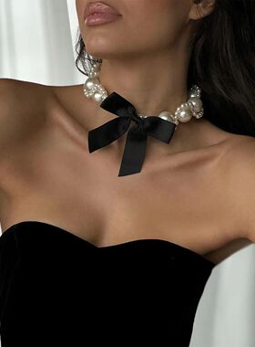 pearl necklace Retro exaggerated ribbon Bow tie necklace Wom