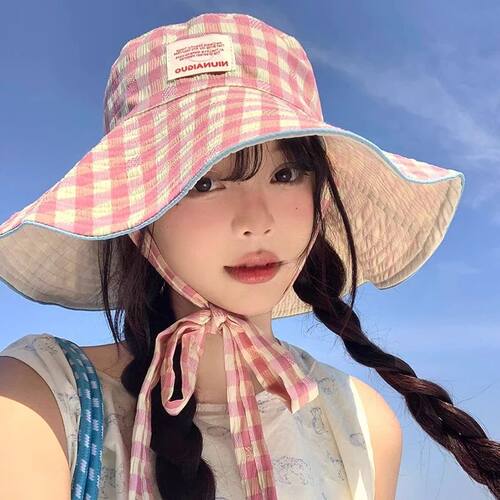 Double-sided Plaid Wide-edged Lace-up Bucket Hat Summer Outd