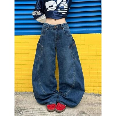 2024 Cyber Y2K Streetwear Blue Wide Leg Baggy Harem Jeans Pa