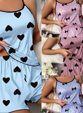 Ice Silk Pajamas for Women, Cute Heart Print Short Sleeve Sl