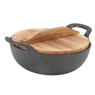 Handle Heat Wooden Base Flat Wok Lid Even Cast Loop Iron