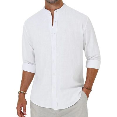 Men's Cotton Linen Shirts Long Sleeve Button Down Shirt Henl