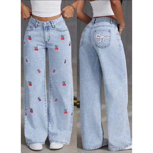 Vintagestyle Women's Jeans Embroidered Fruits Loose Fitting