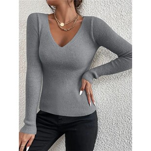 2026 Autumn Winter Women Solid Rib Knit V Neck Stripe Pull S