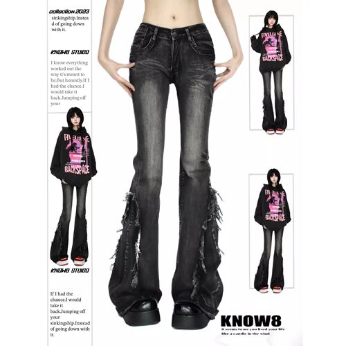 Women's Black Gothic Baggy Flare Jeans Harajuku Y2k Aestheti