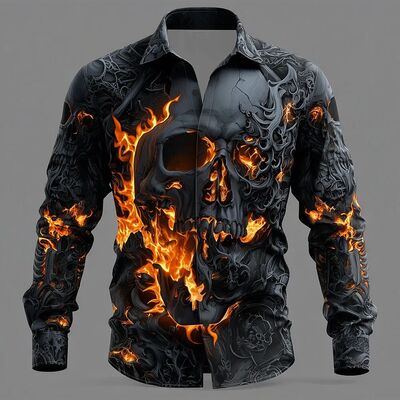 2025 Halloween Men's Skull Flame Halloween Costumes Shirt Bu