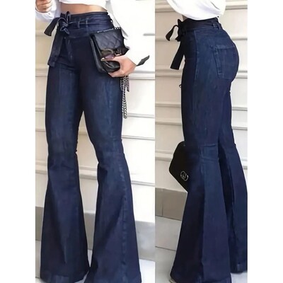 Ladies Deep Blue High Waist Bell Bottom Jeans Elastic Stretc