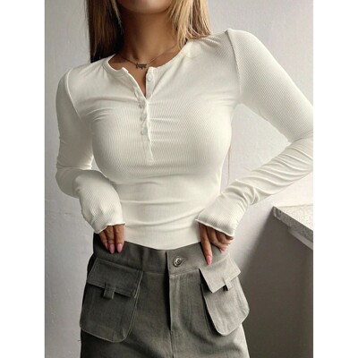 Women's Plain Half Button Front Ribbed Tee, Fashion Top, Cas