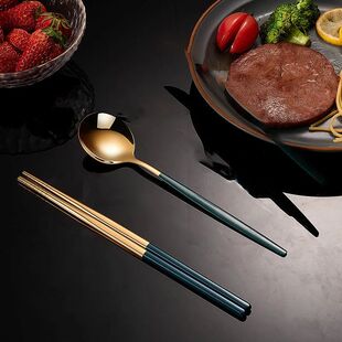 Gold Cutlery Set 4pcs Spoon Black Chopsticks Green Household