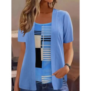 Print Size Plus Shirt Piece Two Mock Geometric Elegant