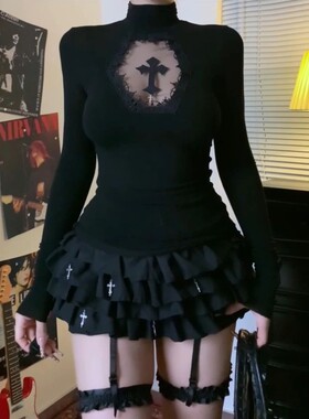 Turtleneck Top Y2k Clothes Black Gothic Cross Hollow Slimmin