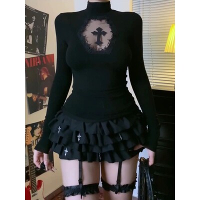 Turtleneck Top Y2k Clothes Black Gothic Cross Hollow Slimmin