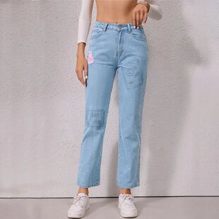 Jeans Ripped Washed Autumn Pants Sweet Cropped Straight New