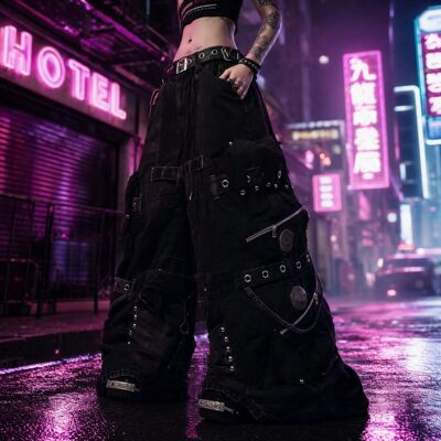 Distressed Black Denim Pants Menwomens Y2K Multi Cargo Pocke