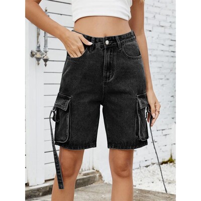 Women Cargo Denim Shorts Casual Summer Loose Solid Colors Je