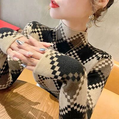 Women's Clothing Chic Half High Collar Argyle Knit Pullovers