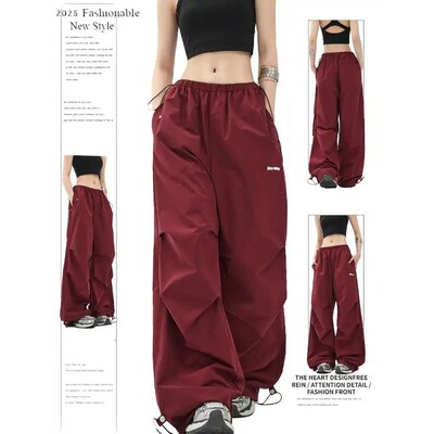 Women Red Baggy Parachute Pants Oversize Sweatpants with Ela
