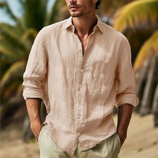 Down Cotton Hawaiian Solid Collar Turn Shirts Linen Men