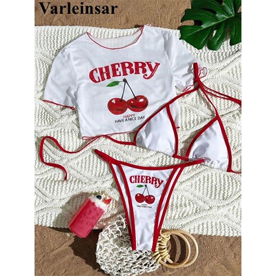 XS - L Cherry Printed Short Sleeve Bikini Female Swimsuit Wo