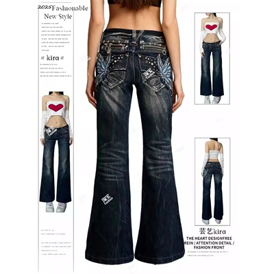 Women's Low Rise Jeans Punk Embroidery Designer Denim Pants