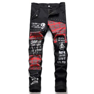 Red Plaid Men Korean Slim Rivet Fashion Punk 2025 Patchwork
