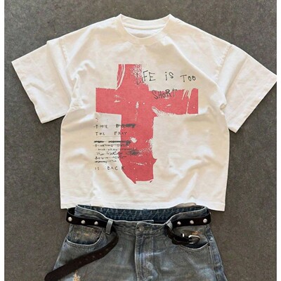 2026 Streetwear Retro Red Cross Graphic T-Shirt Unisex Crew
