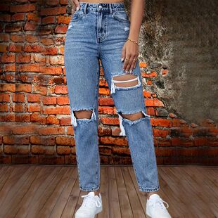 Women Distressed Hole Ripped Pants for Straight Denims Jeans