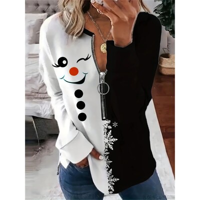 Plus Size, Women's Plus Size Christmas Snowman Zipper Sweats
