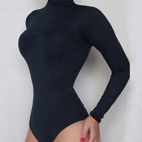 Women Black Long Sleeve Bodysuit Autumn Winter Turtleneck Bo