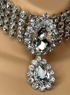 Rhinestone Multilayered Large Water Drop Dangle Necklace for