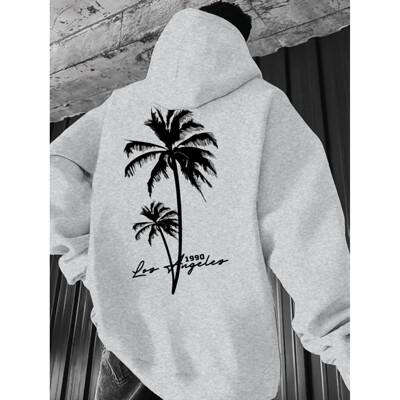 Men's Hoodie with Palm Tree Back Print, Hooded Sweatshirt, C