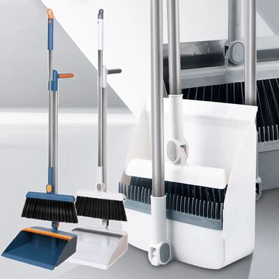 Broom and dust tray set with long handles, upright, perfect