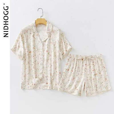 Summer Pajamas Women Satin Sleepwear Willow Print Shorts Lou